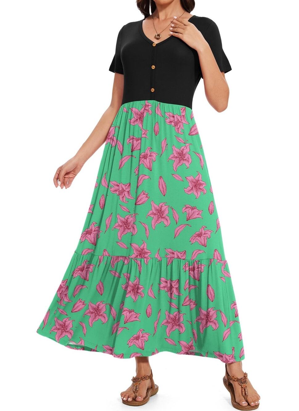 VIISHOW Women’s Floral Maxi Dress Green Pink Lily Short Sleeve Size XL